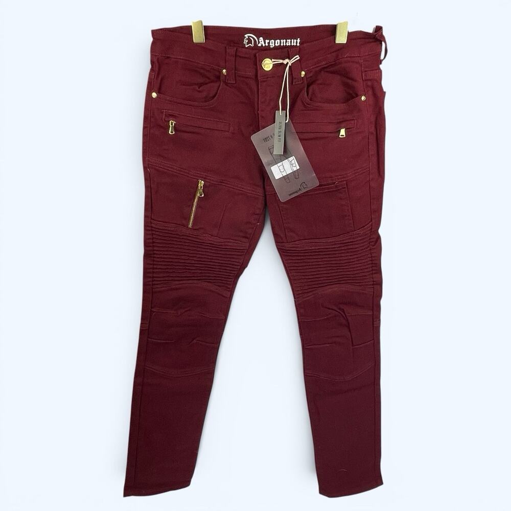 Argonaut Nation Ultra Slim Men's Moto Biker Jeans Burgundy Gold 32x34